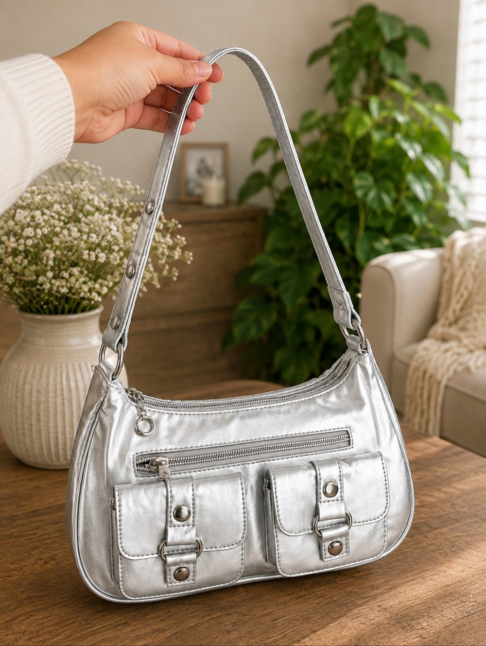 Silver Shoulder Bag with Front Pockets